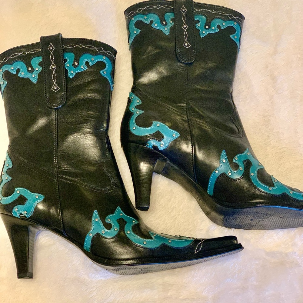 Black and Teal Heel Boots